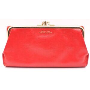 Red Leather Genuine Cowhide Clutch Wallet Gold Tone 3 Kiss Lock Mellow Tan Vtg